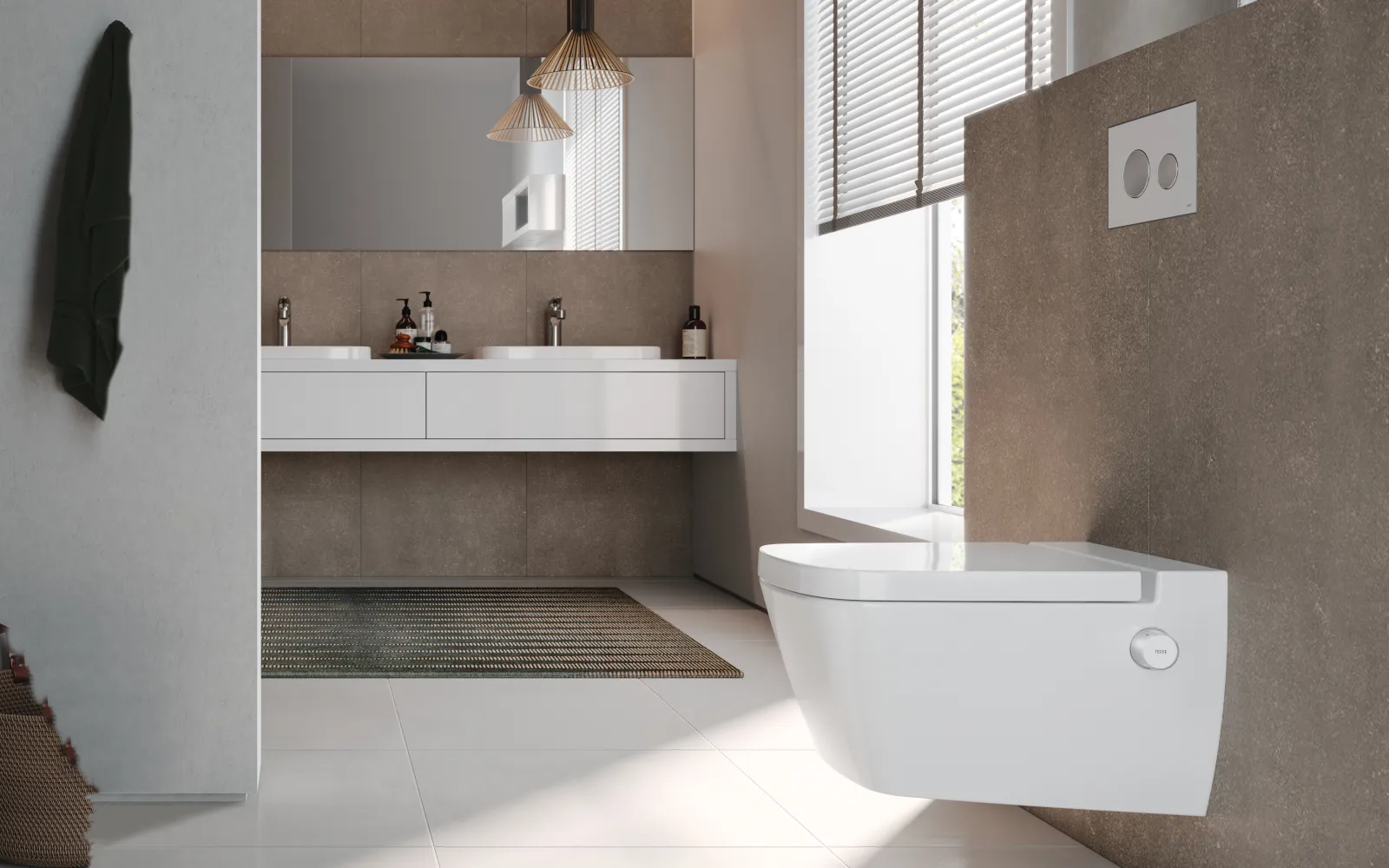 Badezimmer in Weiß- und Beige-Tönen mit dem Dusch-WC TECEone