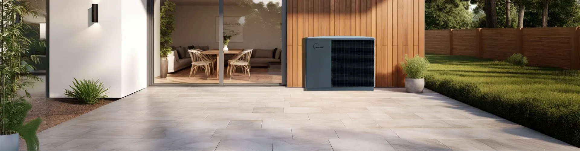 Eine Solvis-Wärmepumpe steht auf einer großzügigen Terrasse vor einer modernen Hausfassade mit Holz- und Glasflächen.