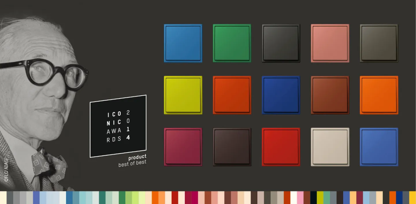 Farbiges Schalterdesign von JUNG nach der Le-Corbusier-Farbpalette, mit 16 verschiedenen Tönen, neben einem Bild von Le Corbusier.