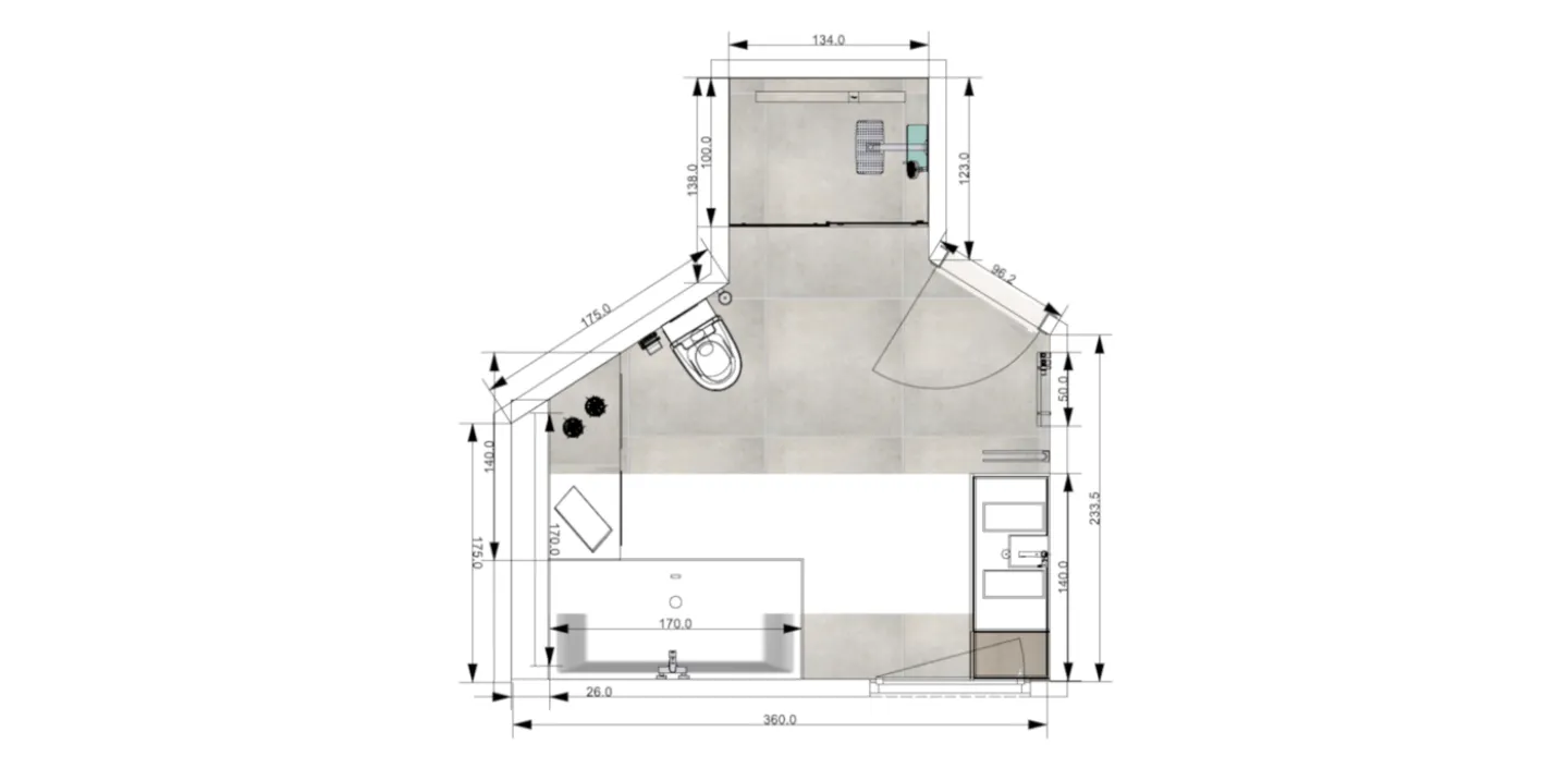 Grundriss eines modernen Badezimmers mit freistehender Badewanne, Dusche, Toilette und Doppelwaschbecken. 