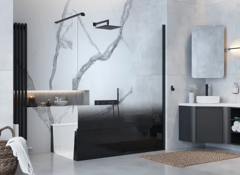 Begehbare Badewanne Joice von Artweger in schwarzem Glas.