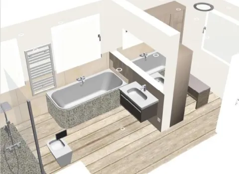 Die 3D-Darstellung zeigt ein modern geplantes Badezimmer mit freistehender Badewanne in Mosaikverkleidung, Doppelwaschbecken und großzügigem Duschbereich.