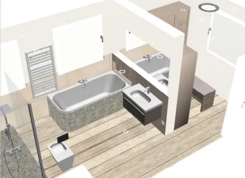 Die 3D-Darstellung zeigt ein modern geplantes Badezimmer mit freistehender Badewanne in Mosaikverkleidung, Doppelwaschbecken und großzügigem Duschbereich.