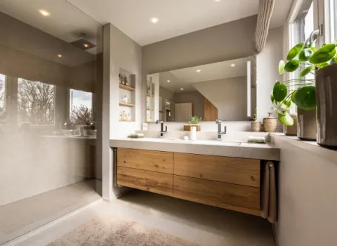 Ein modernes Badezimmer mit großem Spiegel und Doppelwaschbecken aus Naturstein zeigt eine stilvolle Kombination aus Holz und Beton. 