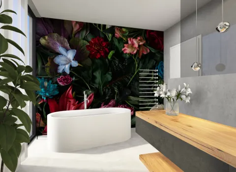Exklusives Badezimmer mit freistehender Badewanne, Blumenmotiv-Wand und moderner Waschtischanlage.