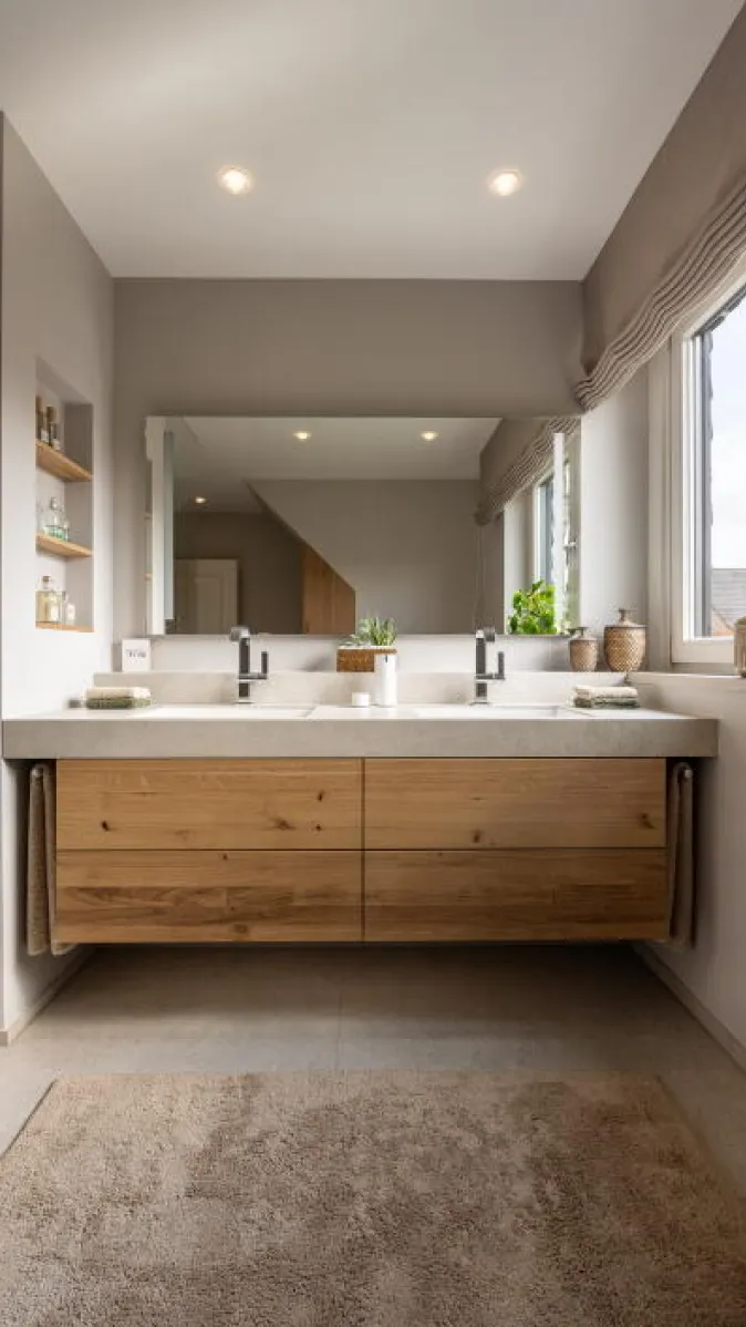 Ein stilvolles Badezimmer mit Doppelwaschbecken und großem Spiegel, eingerahmt von natürlichen Materialien.