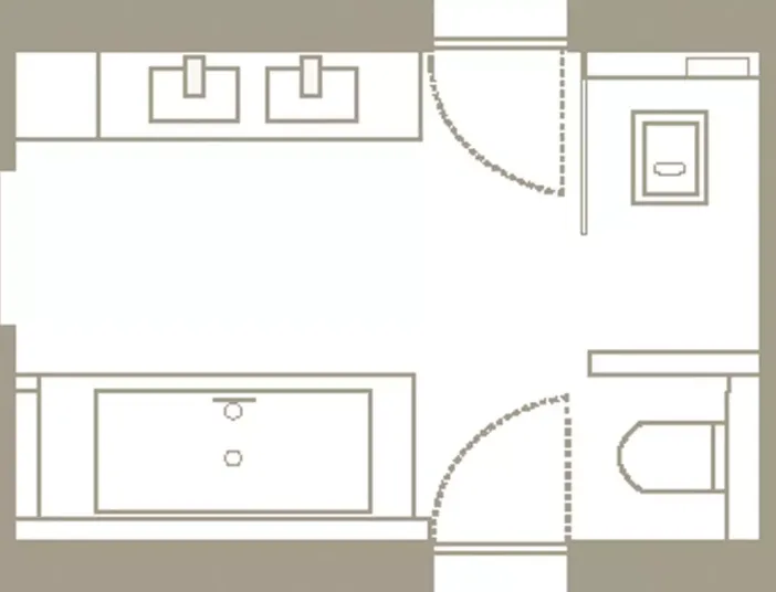 Ein Grundriss eines modernen Badezimmers zeigt eine großzügige Badewanne unten links und ein Doppelwaschbecken oben mittig.