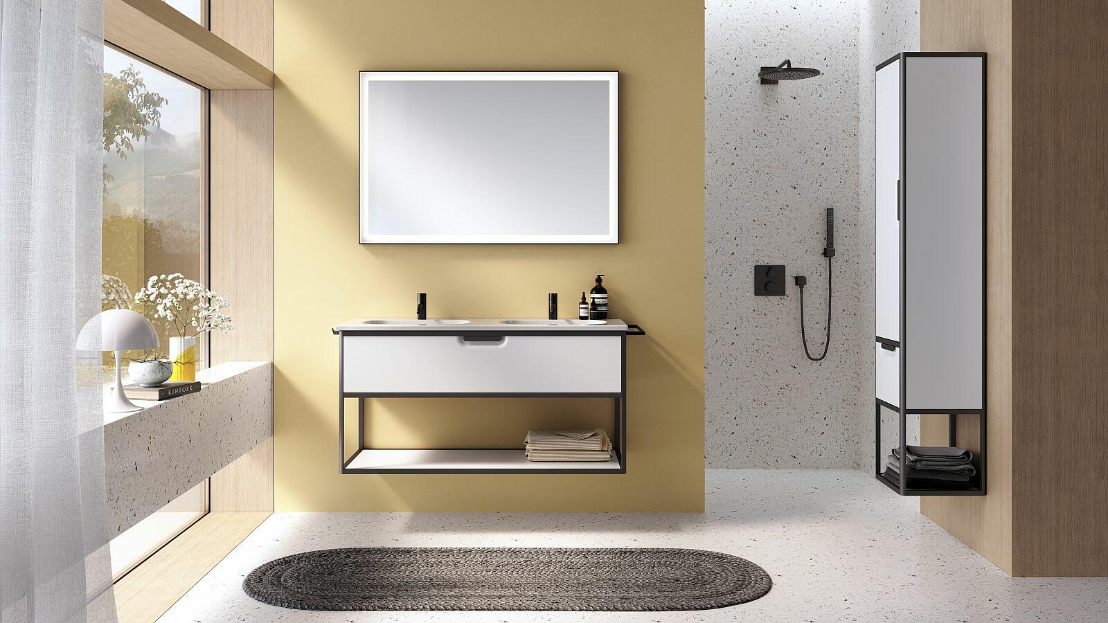 Badansicht_ Helles Badezimmer mit halboffenen Waschtisch der Serie vry von burgbad  